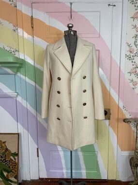 FRAME Atelier Wool Double Breasted Coat XS Cream Gold Button Long Overcoat